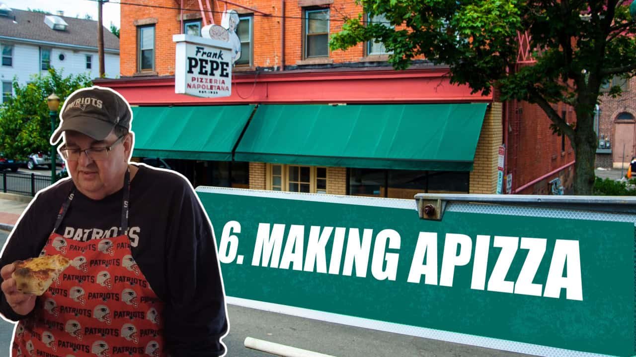 graphic of a man looking at a slice of new haven-style pizza in front of Frank Pepe's.