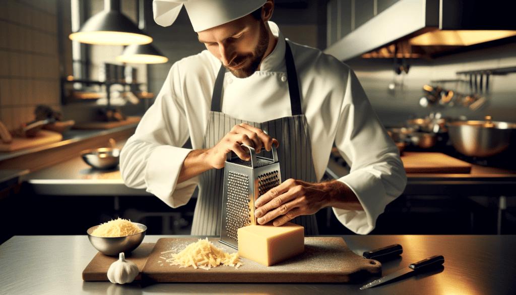 Image of a chef grating Wisconsin brick cheese in a commercial kitchen