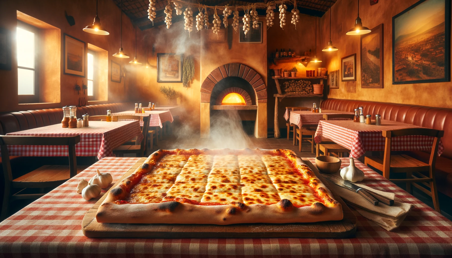 photo of an old forge-style pizza in an Italian dining room with a wood-fired oven